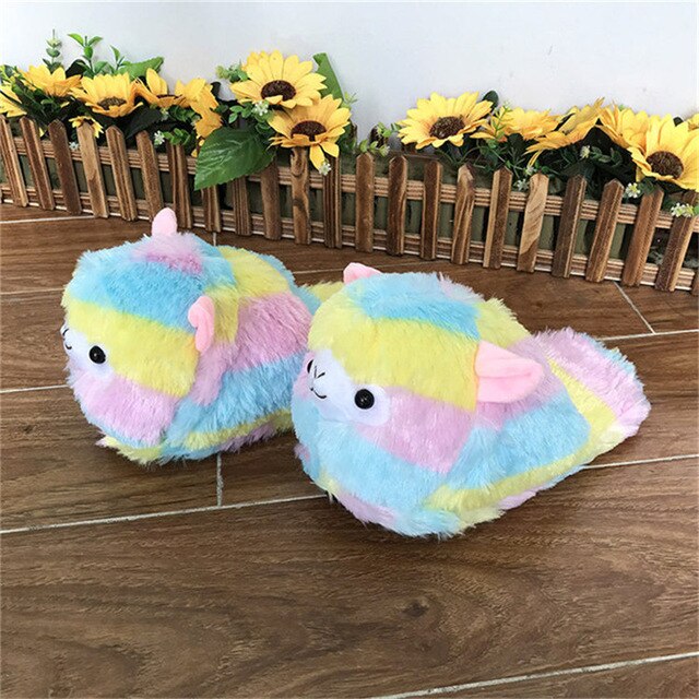 LIN KING Cute Colorful Alpaca Fur Slippers Women's Home Indoor Slippers Warm Winter Cotton Shoes Non Slip House Bedroom Shoes