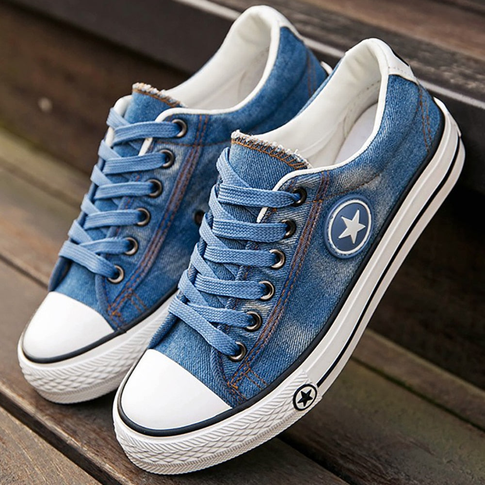 Denim Shoes Women Casual Lace Up Canvas Shoes Sneakers Female Trainers Vulcanize Shoes Basket Femme Tenis Feminino
