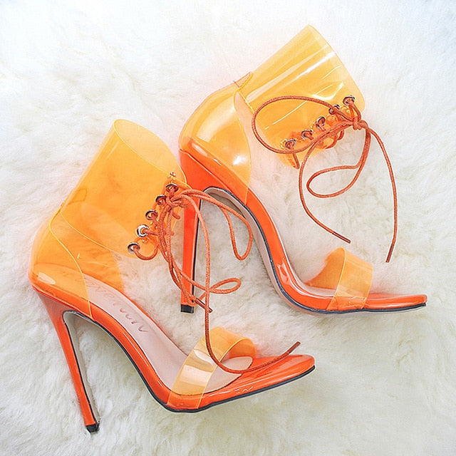 Orange Women Shoes Pumps Transparent Sandals 11CM High Heels Pumps Sexy Lace-Up Ladies Party Shoes 2019 Size 35-43 Women Pumps