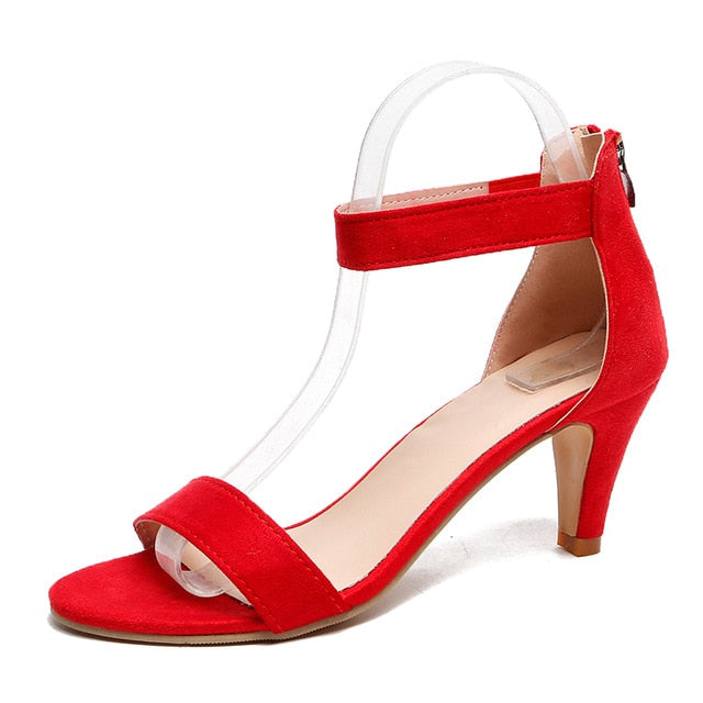 Women Thin High Heels Pumps Fashion Open Toe Suede Ankle Strap Sandals Wedding Dress Back Zip Red Leopard Summer Shoes Ladies