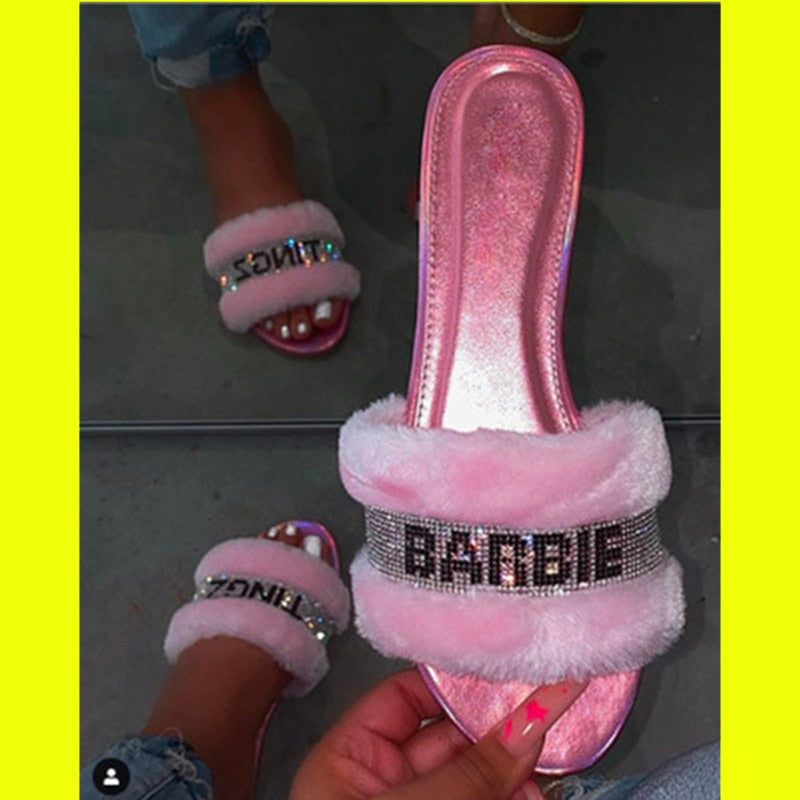 Fashion Women Slippers Furry Fox Fur Slides Home Color Fur Flip Flops Fluffy Plush House Shoes Female Cute Winter Warm Slippers
