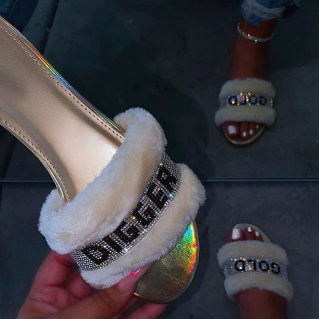 Fashion Women Slippers Furry Fox Fur Slides Home Color Fur Flip Flops Fluffy Plush House Shoes Female Cute Winter Warm Slippers