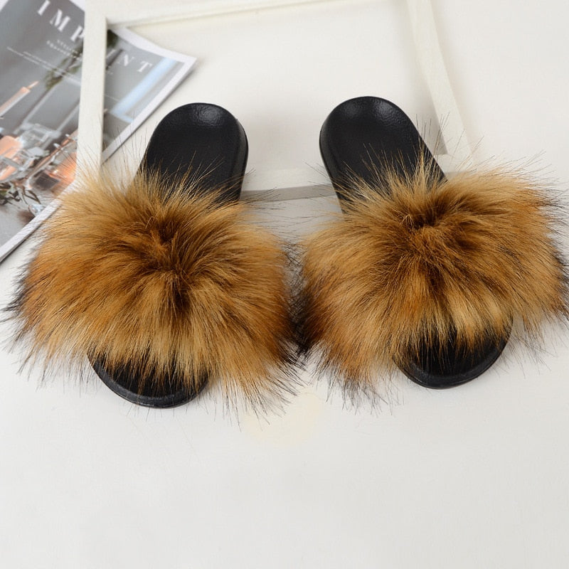 Faux Fur Slippers House Furry Slides Home Summer Women Shoes Fluffy Plush Ladies Sandals Flip Flops Flat Outdoor Mule Big Size