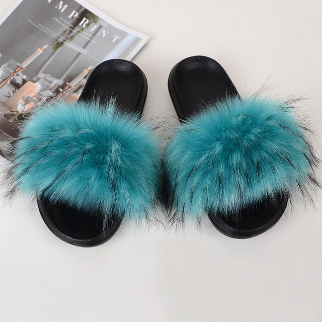 Faux Fur Slippers House Furry Slides Home Summer Women Shoes Fluffy Plush Ladies Sandals Flip Flops Flat Outdoor Mule Big Size