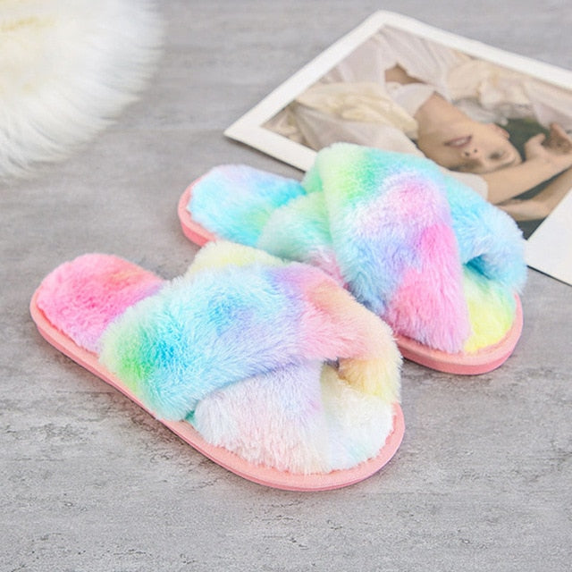 SWQZVT New open toe women slippers 2020 cross rainbow colors fur house female slippers tie-dye floor sleeping women winter shoes