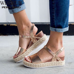 WDHKUN Shoes 2020 Summer Women Fashion Solid Color Sandals Buckle Strap Wedges Platform Retro Peep Toe Sandals