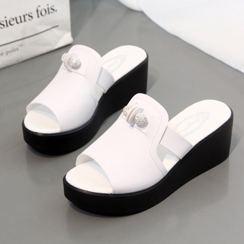 House Slippers Platform Big Size Summer Women's Shoes Heeled Mules On A Wedge Luxury Slides Pantofle Shallow Soft Heels