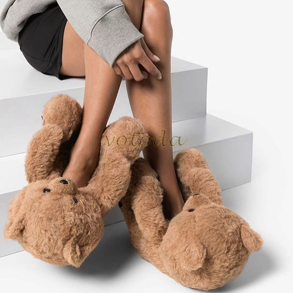 Women Teddy Bear Plush Slippers Cartoon Cute Bear House Slipper Winter Warm Furry Faux Fur Slides Woman Furry Flip Flop Shoes