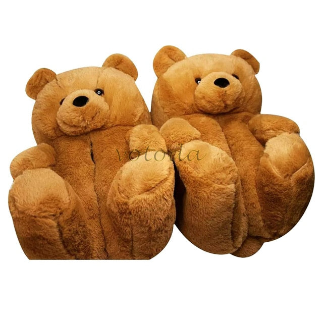 Women Teddy Bear Plush Slippers Cartoon Cute Bear House Slipper Winter Warm Furry Faux Fur Slides Woman Furry Flip Flop Shoes