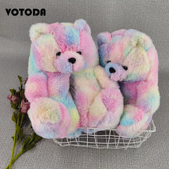 Women Teddy Bear Plush Slippers Cartoon Cute Bear House Slipper Winter Warm Furry Faux Fur Slides Woman Furry Flip Flop Shoes