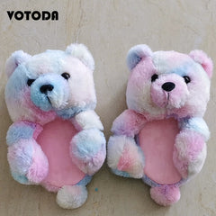 Women Teddy Bear Plush Slippers Cartoon Cute Bear House Slipper Winter Warm Furry Faux Fur Slides Woman Furry Flip Flop Shoes