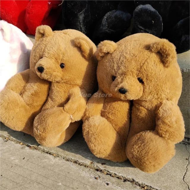 Teddy Bear women christmas plush slippers Cartoon Cute Bear House Slipper Furry Faux Fur Slides Woman Furry Flip Flop Shoes