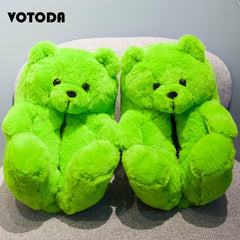 Women Teddy Bear Plush Slippers Cartoon Cute Bear House Slipper Winter Warm Furry Faux Fur Slides Woman Furry Flip Flop Shoes
