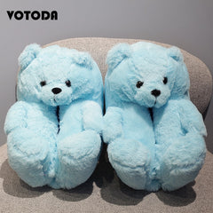 Women Teddy Bear Plush Slippers Cartoon Cute Bear House Slipper Winter Warm Furry Faux Fur Slides Woman Furry Flip Flop Shoes
