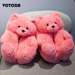 Women Teddy Bear Plush Slippers Cartoon Cute Bear House Slipper Winter Warm Furry Faux Fur Slides Woman Furry Flip Flop Shoes