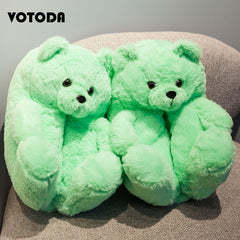 Women Teddy Bear Plush Slippers Cartoon Cute Bear House Slipper Winter Warm Furry Faux Fur Slides Woman Furry Flip Flop Shoes
