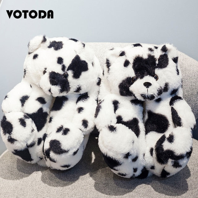 Women Teddy Bear Plush Slippers Cartoon Cute Bear House Slipper Winter Warm Furry Faux Fur Slides Woman Furry Flip Flop Shoes