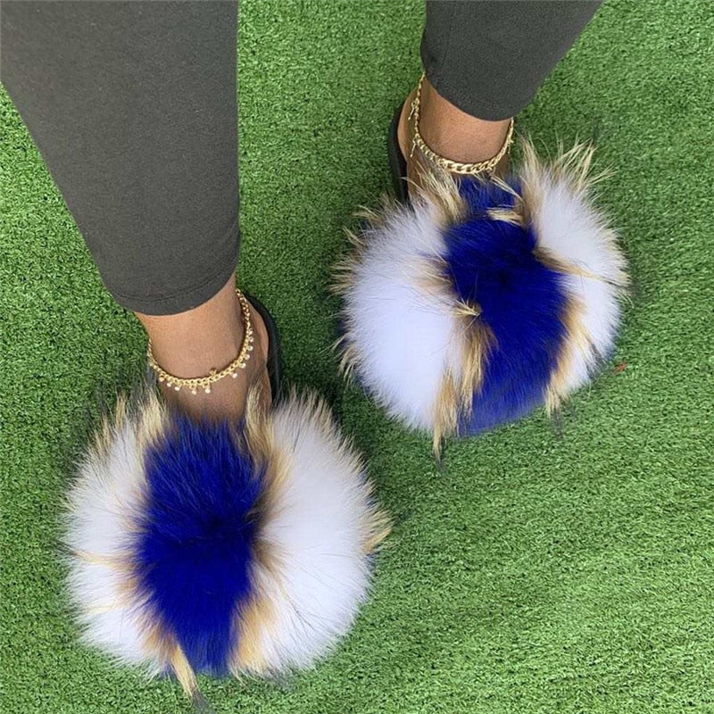 Summer Women Raccoon Fur Slippers Ladies Plush Slides Female Furry Sandals Fluffy House Shoes Girl's Cute Flip Flops Large Size