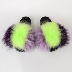 Summer Women Raccoon Fur Slippers Ladies Plush Slides Female Furry Sandals Fluffy House Shoes Girl's Cute Flip Flops Large Size