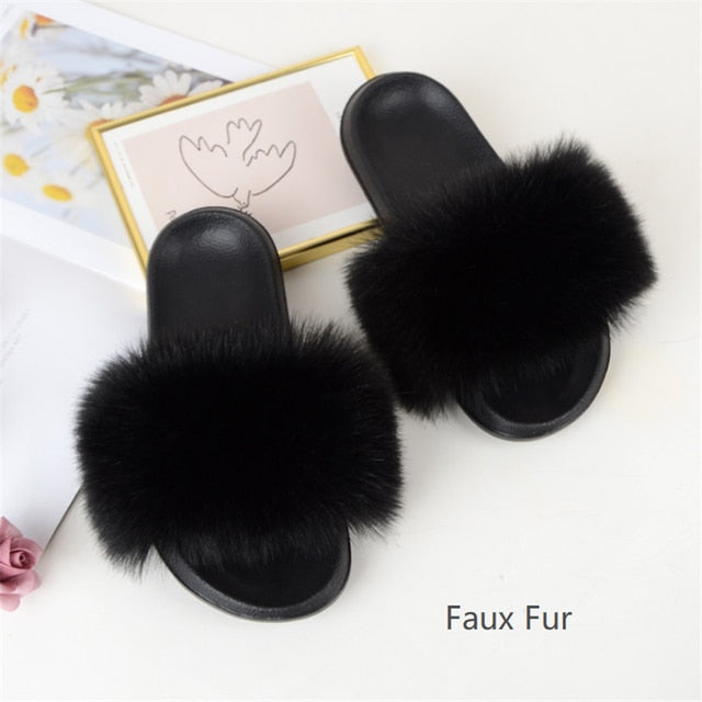 Summer Women Raccoon Fur Slippers Ladies Plush Slides Female Furry Sandals Fluffy House Shoes Girl's Cute Flip Flops Large Size