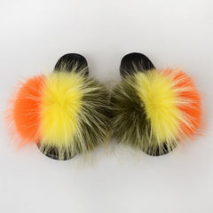 Summer Women Raccoon Fur Slippers Ladies Plush Slides Female Furry Sandals Fluffy House Shoes Girl's Cute Flip Flops Large Size