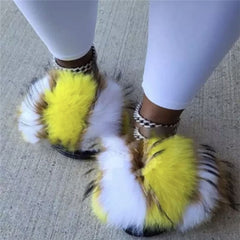 Summer Women Raccoon Fur Slippers Ladies Plush Slides Female Furry Sandals Fluffy House Shoes Girl's Cute Flip Flops Large Size