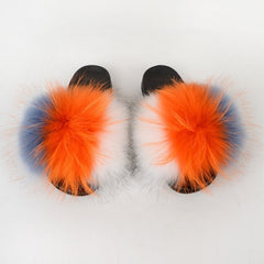 Summer Women Raccoon Fur Slippers Ladies Plush Slides Female Furry Sandals Fluffy House Shoes Girl's Cute Flip Flops Large Size