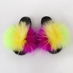 Summer Women Raccoon Fur Slippers Ladies Plush Slides Female Furry Sandals Fluffy House Shoes Girl's Cute Flip Flops Large Size
