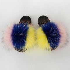 Summer Women Raccoon Fur Slippers Ladies Plush Slides Female Furry Sandals Fluffy House Shoes Girl's Cute Flip Flops Large Size