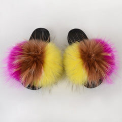 Summer Women Raccoon Fur Slippers Ladies Plush Slides Female Furry Sandals Fluffy House Shoes Girl's Cute Flip Flops Large Size