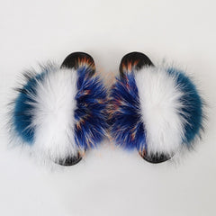 Summer Women Raccoon Fur Slippers Ladies Plush Slides Female Furry Sandals Fluffy House Shoes Girl's Cute Flip Flops Large Size