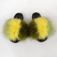 Summer Women Raccoon Fur Slippers Ladies Plush Slides Female Furry Sandals Fluffy House Shoes Girl's Cute Flip Flops Large Size