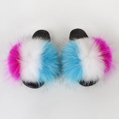 Summer Women Raccoon Fur Slippers Ladies Plush Slides Female Furry Sandals Fluffy House Shoes Girl's Cute Flip Flops Large Size