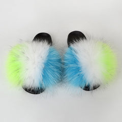Summer Women Raccoon Fur Slippers Ladies Plush Slides Female Furry Sandals Fluffy House Shoes Girl's Cute Flip Flops Large Size