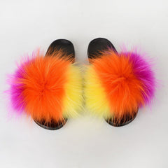Summer Women Raccoon Fur Slippers Ladies Plush Slides Female Furry Sandals Fluffy House Shoes Girl's Cute Flip Flops Large Size