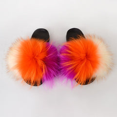 Summer Women Raccoon Fur Slippers Ladies Plush Slides Female Furry Sandals Fluffy House Shoes Girl's Cute Flip Flops Large Size