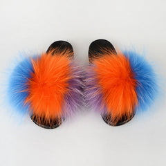 Summer Women Raccoon Fur Slippers Ladies Plush Slides Female Furry Sandals Fluffy House Shoes Girl's Cute Flip Flops Large Size