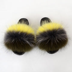 Summer Women Raccoon Fur Slippers Ladies Plush Slides Female Furry Sandals Fluffy House Shoes Girl's Cute Flip Flops Large Size