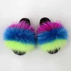 Summer Women Raccoon Fur Slippers Ladies Plush Slides Female Furry Sandals Fluffy House Shoes Girl's Cute Flip Flops Large Size