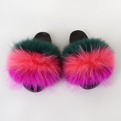 Summer Women Raccoon Fur Slippers Ladies Plush Slides Female Furry Sandals Fluffy House Shoes Girl's Cute Flip Flops Large Size