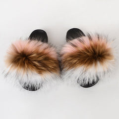 Summer Women Raccoon Fur Slippers Ladies Plush Slides Female Furry Sandals Fluffy House Shoes Girl's Cute Flip Flops Large Size