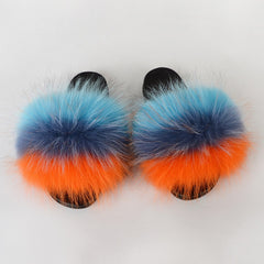Summer Women Raccoon Fur Slippers Ladies Plush Slides Female Furry Sandals Fluffy House Shoes Girl's Cute Flip Flops Large Size