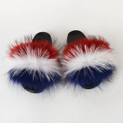 Summer Women Raccoon Fur Slippers Ladies Plush Slides Female Furry Sandals Fluffy House Shoes Girl's Cute Flip Flops Large Size