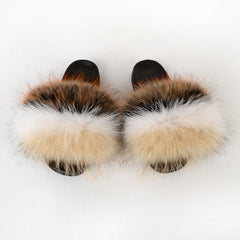 Summer Women Raccoon Fur Slippers Ladies Plush Slides Female Furry Sandals Fluffy House Shoes Girl's Cute Flip Flops Large Size