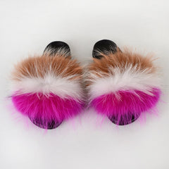 Summer Women Raccoon Fur Slippers Ladies Plush Slides Female Furry Sandals Fluffy House Shoes Girl's Cute Flip Flops Large Size