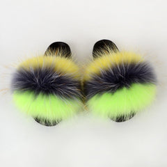 Summer Women Raccoon Fur Slippers Ladies Plush Slides Female Furry Sandals Fluffy House Shoes Girl's Cute Flip Flops Large Size