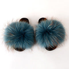 Summer Women Raccoon Fur Slippers Ladies Plush Slides Female Furry Sandals Fluffy House Shoes Girl's Cute Flip Flops Large Size