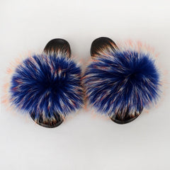 Summer Women Raccoon Fur Slippers Ladies Plush Slides Female Furry Sandals Fluffy House Shoes Girl's Cute Flip Flops Large Size