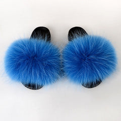 Summer Women Raccoon Fur Slippers Ladies Plush Slides Female Furry Sandals Fluffy House Shoes Girl's Cute Flip Flops Large Size