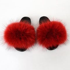 Summer Women Raccoon Fur Slippers Ladies Plush Slides Female Furry Sandals Fluffy House Shoes Girl's Cute Flip Flops Large Size